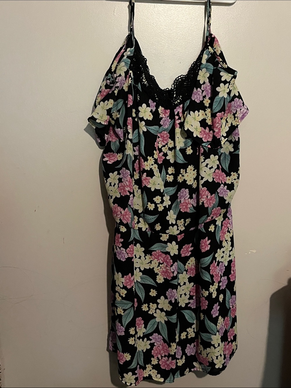 Decree Black Floral Lace-Trim Spaghetti Strap Romper